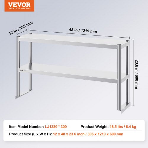 Double Overshelf Double Tier Stainless Steel Overshelf 12 x 48 Inch Double