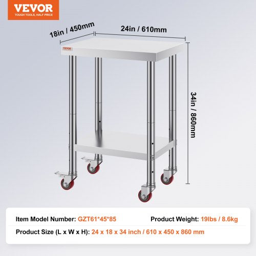 Stainless Steel Work Table 24 x 18 x 34 Inch 700 LBS Load Capacity with 4