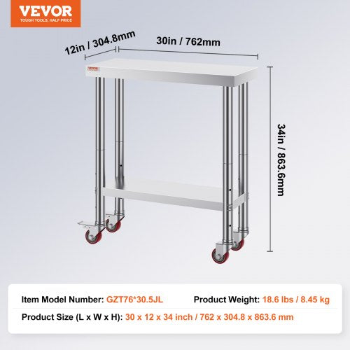 Stainless Steel Work Table 30 x 12 x 34 Inch 700 LBS Load Capacity with 4