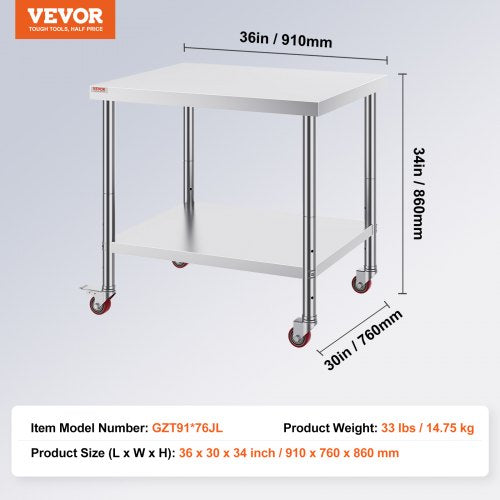 Stainless Steel Work Table 36 x 30 x 34 Inch 700 LBS Load Capacity with 4