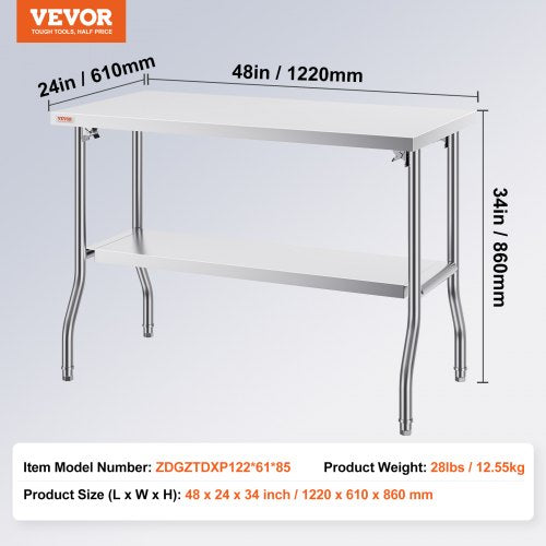 Folding Commercial Prep Table 48 x 24 Inch Commercial Worktable Workstation
