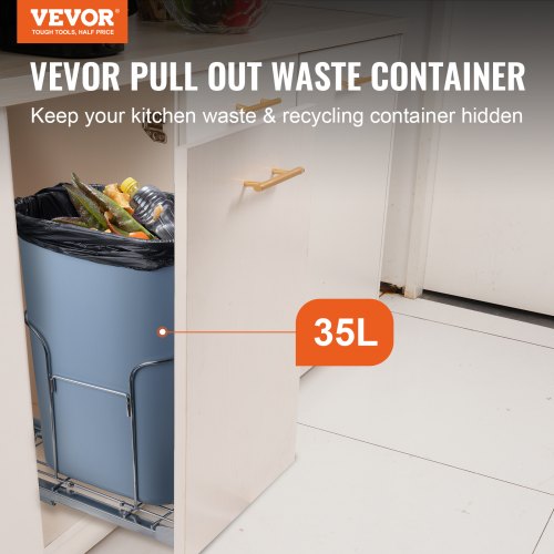PullOut Trash Can 35L Single Bin Under Mount Kitchen Waste Container with Slide
