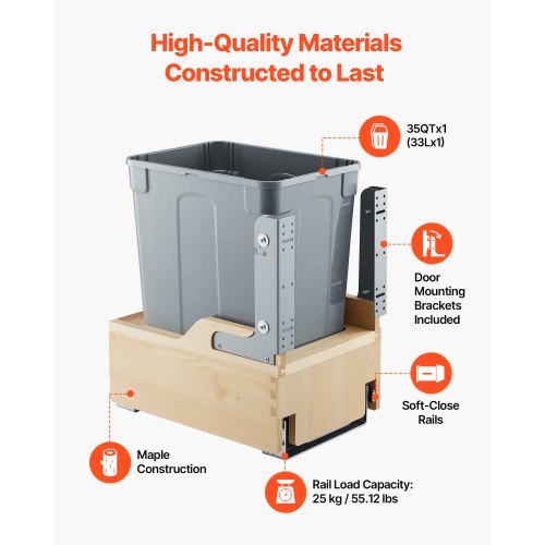 Wood Pullout Trash Can for Kitchen Cabinets 35 QT Garbage Waste Recycling