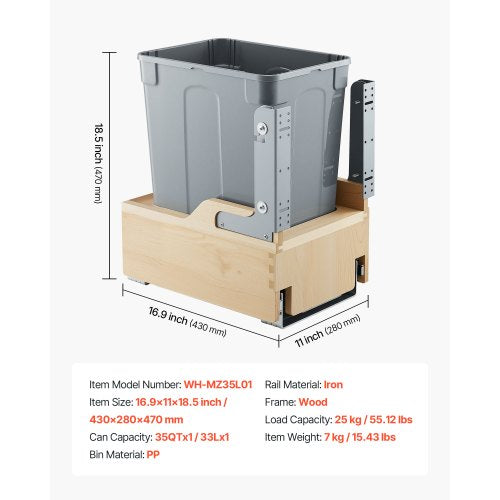 Wood Pullout Trash Can for Kitchen Cabinets 35 QT Garbage Waste Recycling