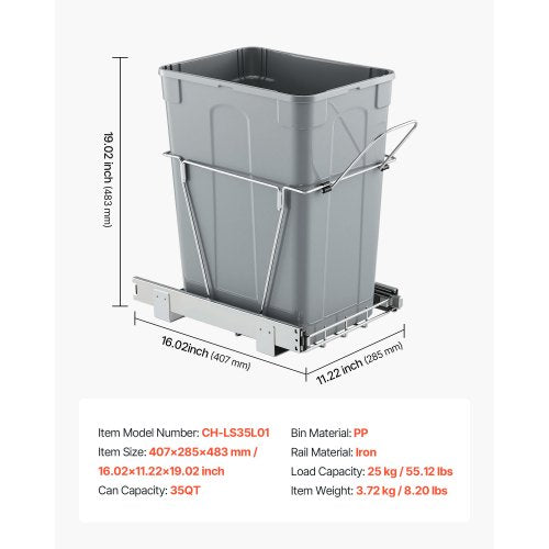 Pullout Trash Can for Kitchen Cabinets 35 QT Garbage Waste Recycling Bin