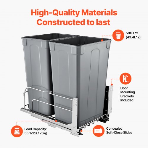 PullOut Trash Can 50 QT x2 Double Under Mount Kitchen Waste Container