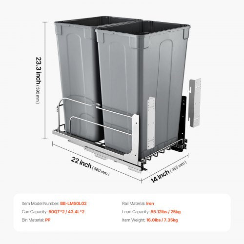 PullOut Trash Can 50 QT x2 Double Under Mount Kitchen Waste Container