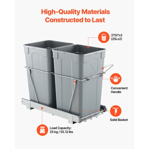 Pullout Trash Can for Kitchen Cabinets 27QTx2 Double Under Sink Garbage
