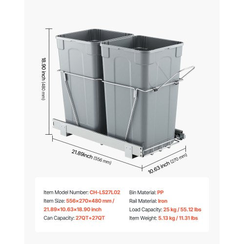 Pullout Trash Can for Kitchen Cabinets 27QTx2 Double Under Sink Garbage