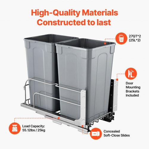 PullOut Trash Can 27 QT x2 Double Under Mount Kitchen Waste Container