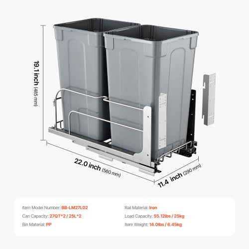 PullOut Trash Can 27 QT x2 Double Under Mount Kitchen Waste Container