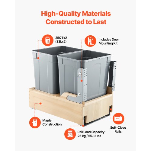 Wood Pullout Trash Can for Kitchen Cabinets 35 QT x2 Double Under Sink