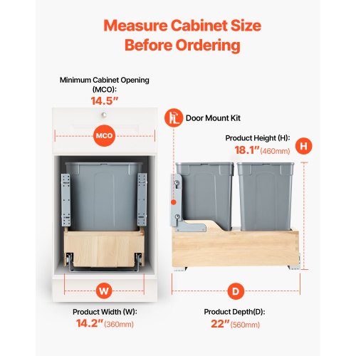 Wood Pullout Trash Can for Kitchen Cabinets 35 QT x2 Double Under Sink