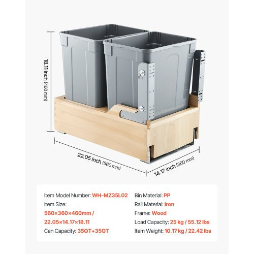 Wood Pullout Trash Can for Kitchen Cabinets 35 QT x2 Double Under Sink