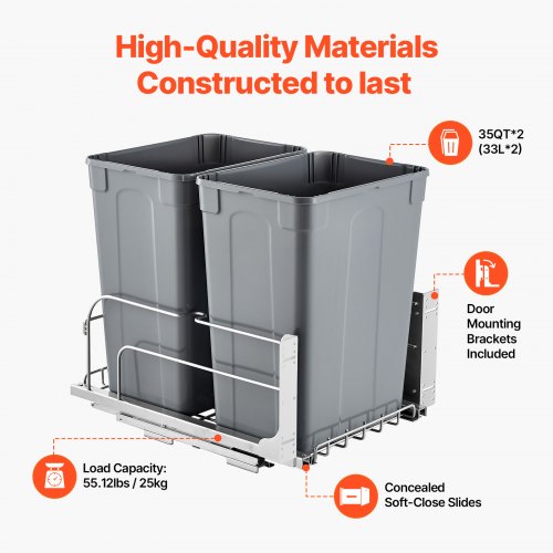 PullOut Trash Can 35 QT x2 Double Under Mount Kitchen Waste Container