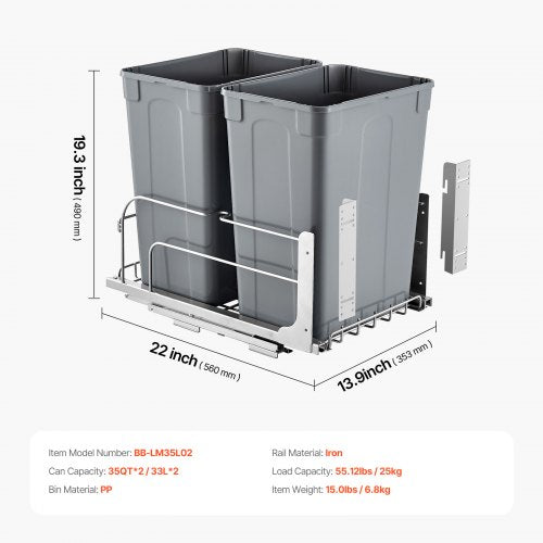 PullOut Trash Can 35 QT x2 Double Under Mount Kitchen Waste Container