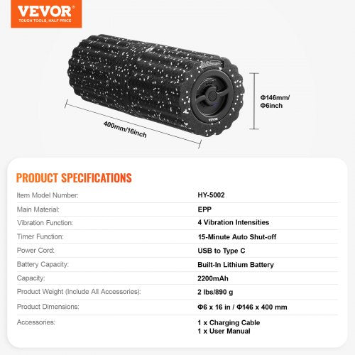 Vibrating Foam Roller 4Speed Electric Massage Roller 16 Rechargeable