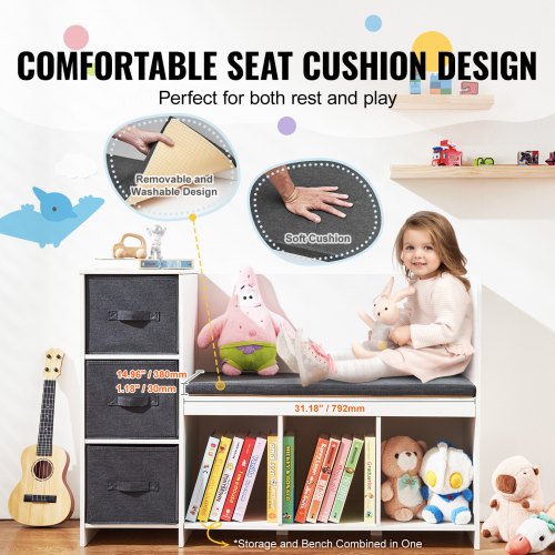 Kids Reading Nook Bench Toddler Bookshelf and Bookcase with Detachable Seat