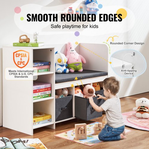 Kids Reading Nook Bench Toddler Bookshelf and Bookcase with Detachable Seat