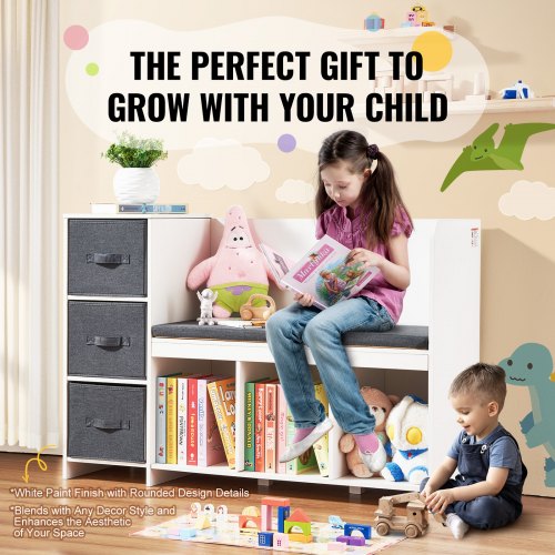 Kids Reading Nook Bench Toddler Bookshelf and Bookcase with Detachable Seat