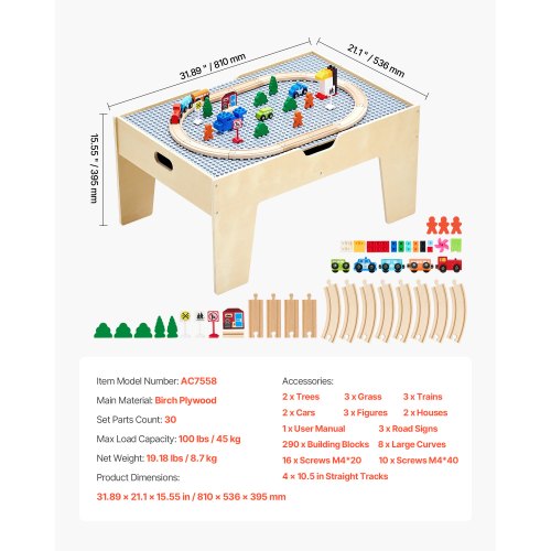 MultiPurpose Activity Play Table 290 Building Bricks and 30Piece Wooden