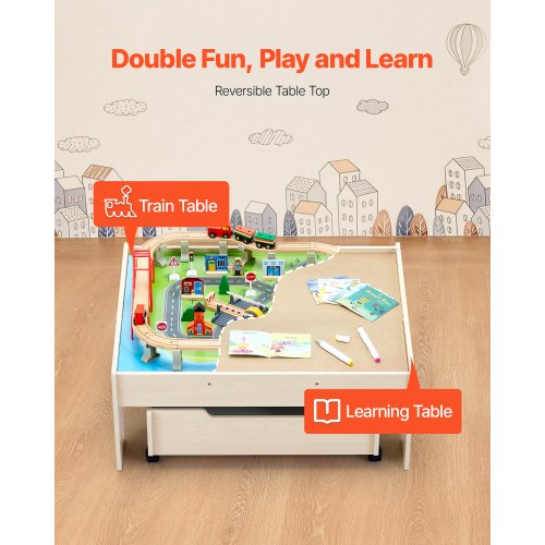 Train Table 100 Multicolor Pieces Wooden Kids Activity Table with Rolling