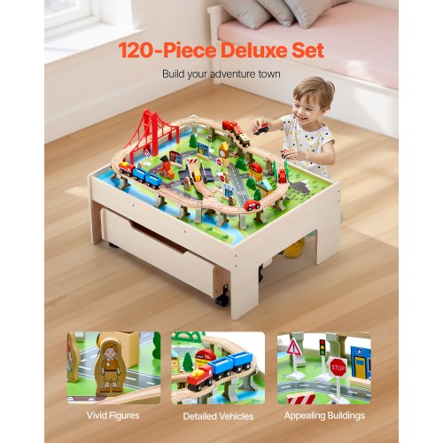 Train Table 100 Multicolor Pieces Wooden Kids Activity Table with Rolling