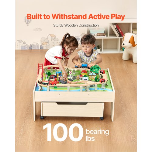 Train Table 100 Multicolor Pieces Wooden Kids Activity Table with Rolling