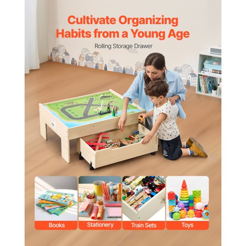Train Table 100 Multicolor Pieces Wooden Kids Activity Table with Rolling