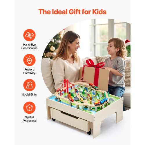 Train Table 100 Multicolor Pieces Wooden Kids Activity Table with Rolling