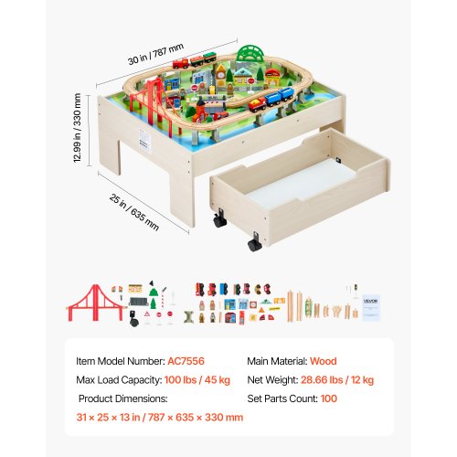 Train Table 100 Multicolor Pieces Wooden Kids Activity Table with Rolling