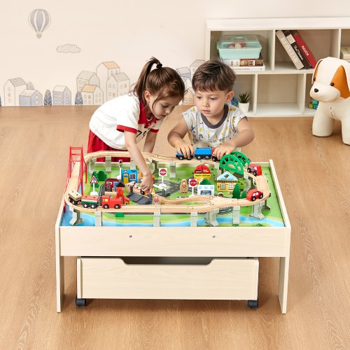 Train Table 100 Multicolor Pieces Wooden Kids Activity Table with Rolling