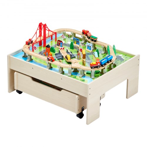 Train Table 100 Multicolor Pieces Wooden Kids Activity Table with Rolling