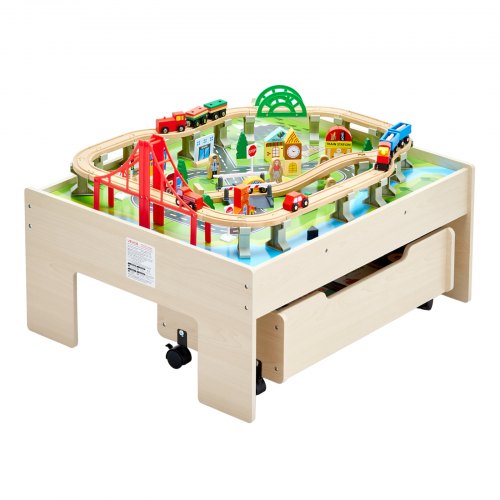 Train Table 100 Multicolor Pieces Wooden Kids Activity Table with Rolling