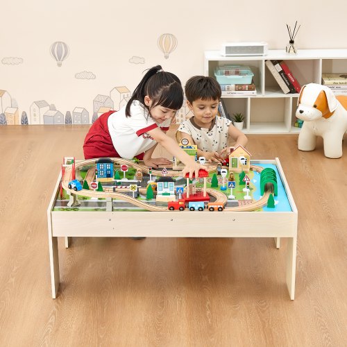 Train Table 84 Multicolor Pieces Wooden Kids Activity Table with Collapsible