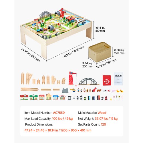 Train Table 120 Multicolor Pieces Wooden Kids Activity Table with Collapsible