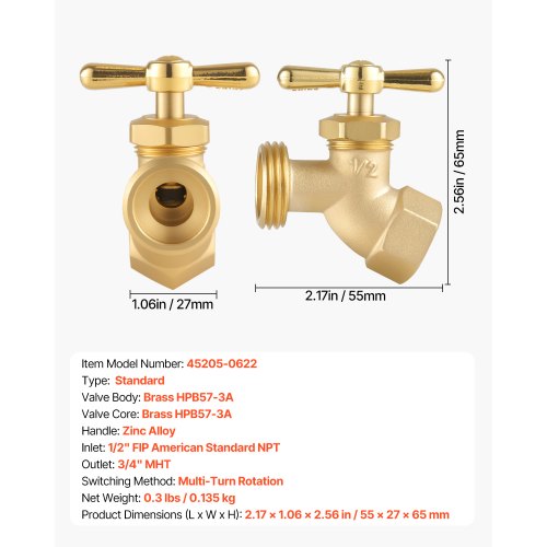 Hose Bibb 12 FIP x 34 MHT Connection MultiTurn Garden Valve Heavy