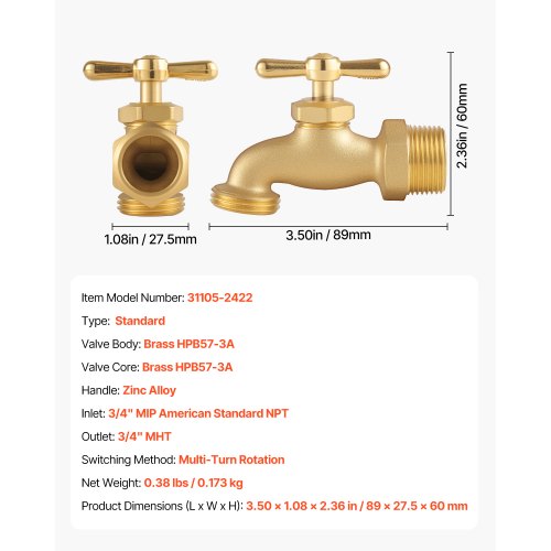 Hose Bibb 34 MIP x 34 MHT Connection MultiTurn Garden Valve Heavy