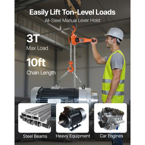 Manual Lever Chain Hoist 3T 6600LBS Capacity Heavy Duty Come Along 10FT