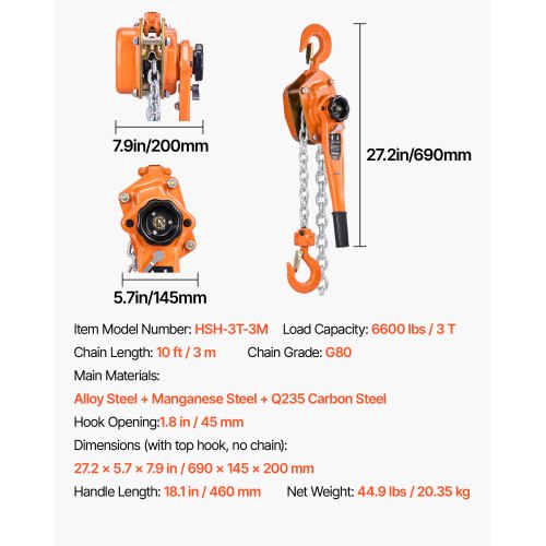 Manual Lever Chain Hoist 3T 6600LBS Capacity Heavy Duty Come Along 10FT