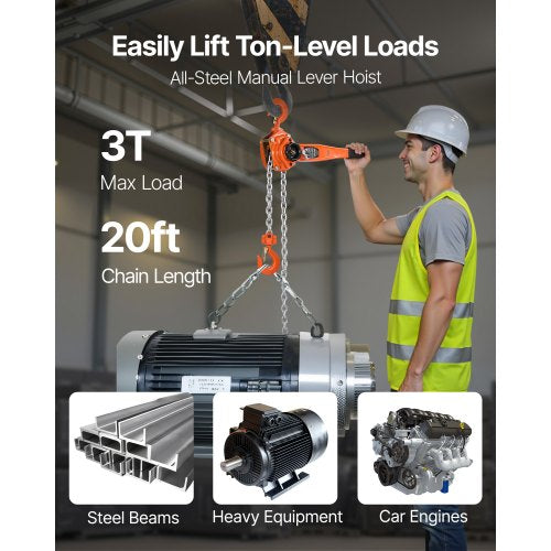Manual Lever Chain Hoist 3T 6600Lbs Capacity Heavy Duty Come Along 20Ft Lift