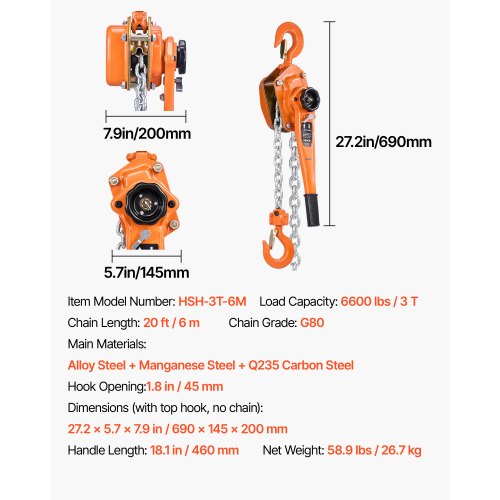 Manual Lever Chain Hoist 3T 6600Lbs Capacity Heavy Duty Come Along 20Ft Lift