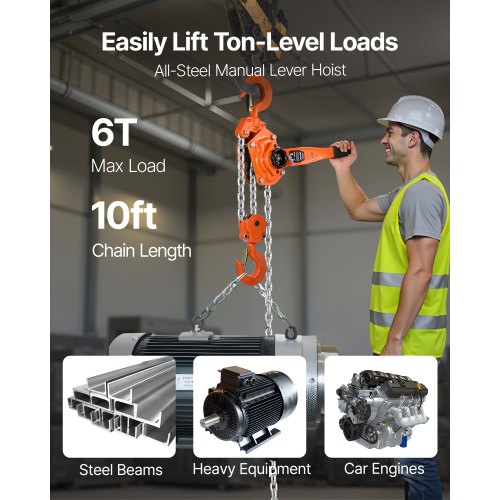 Manual Lever Chain Hoist 6T 13200Lbs Capacity Heavy Duty Come Along 10Ft Lift