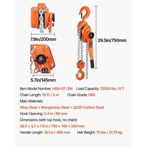 Manual Lever Chain Hoist 6T 13200Lbs Capacity Heavy Duty Come Along 10Ft Lift