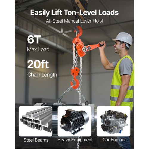 Manual Lever Chain Hoist 6T 13200Lbs Capacity Heavy Duty Come Along 20Ft Lift