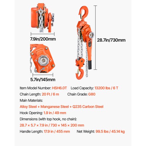 Manual Lever Chain Hoist 6T 13200Lbs Capacity Heavy Duty Come Along 20Ft Lift