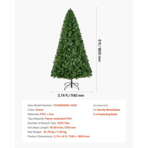 Christmas Tree 6ft Artificial Xmas Tree Full Holiday Decor Trees with 1250