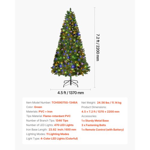 Christmas Tree 7.2Ft Prelit Artificial Xmas Full Holiday Decor Trees With 470