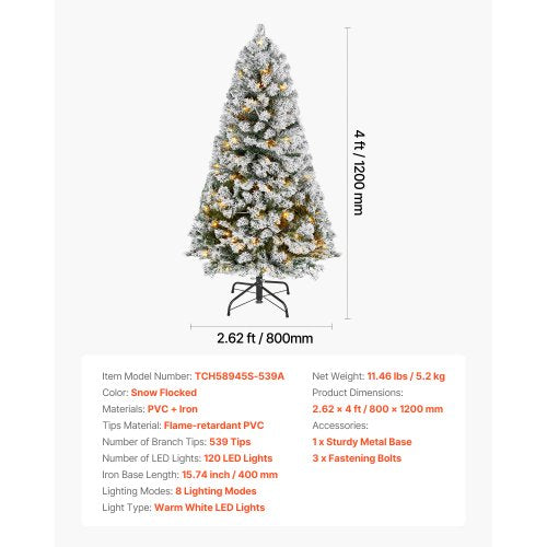 Christmas Tree 4ft Prelit Flocked Artificial Tree Full Holiday Xmas Deco