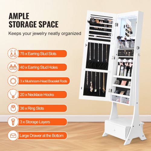 Mirror Jewelry Cabinet Standing Mirror with Storage Lockable Jewelry